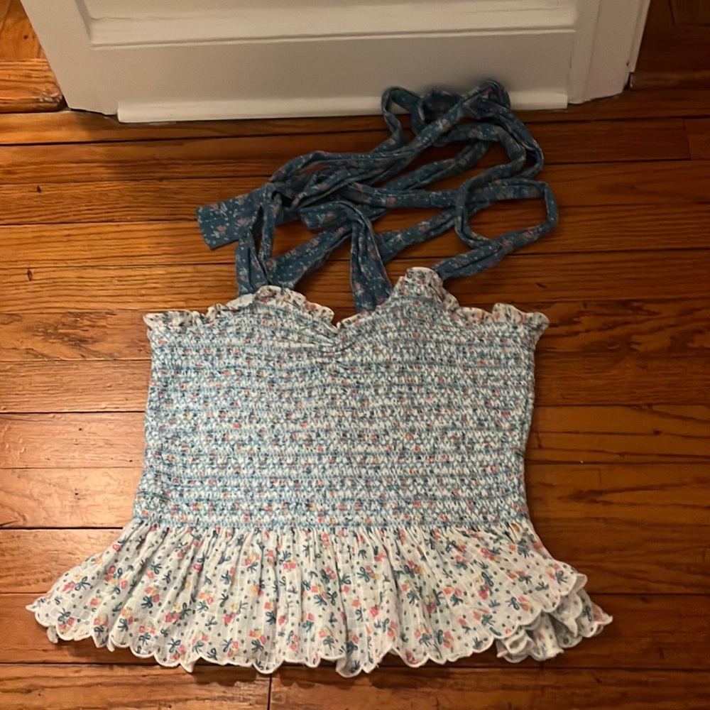 LOVESHACKFANCY floral blue smocked top